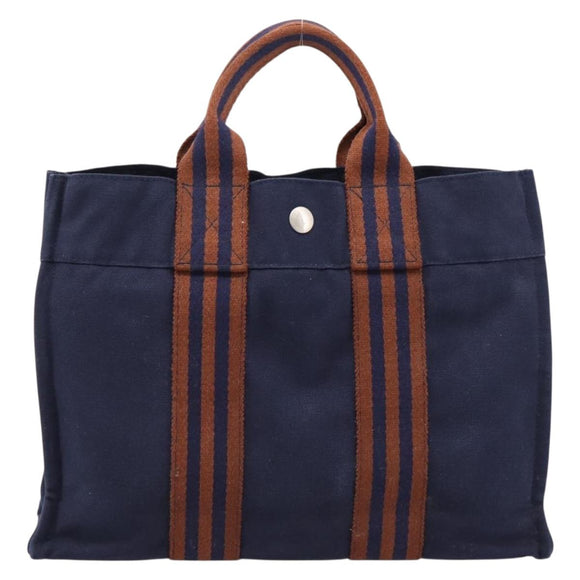 HERMES Fourre Tout PM Hand Bag Canvas Navy Silver Auth 180974