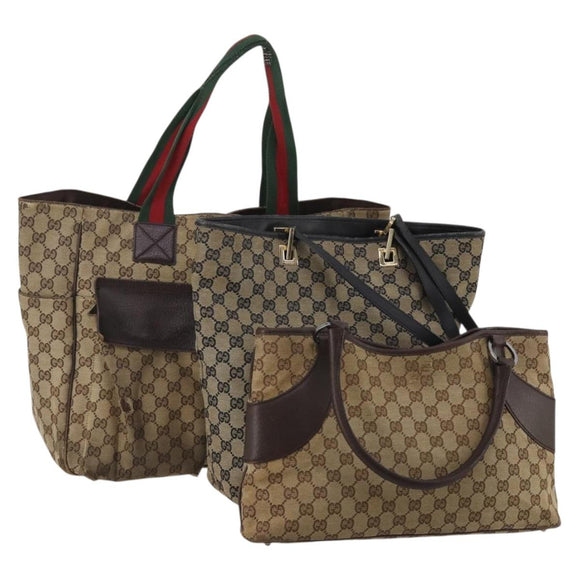 GUCCI GG Canvas Web Sherry Line Shoulder Bag 3 Set Beige Navy Auth 180976