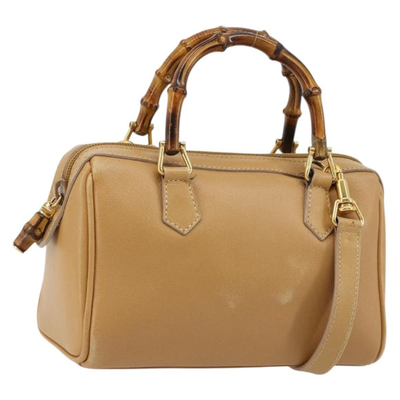 GUCCI Bamboo Hand Bag Leather 2way Beige Gold Auth 181116