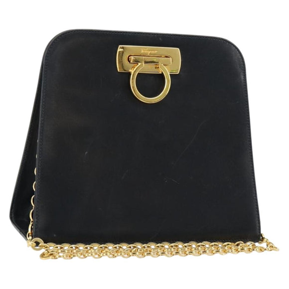 Salvatore Ferragamo Gancini Chain Schultertasche Leder Navy Gold Auth 181133