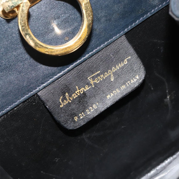 Salvatore Ferragamo Gancini Chain Schultertasche Leder Navy Gold Auth 181133