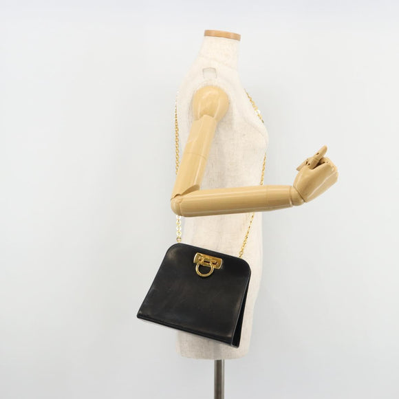 Salvatore Ferragamo Gancini Chain Schultertasche Leder Navy Gold Auth 181133