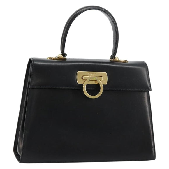 Salvatore Ferragamo Gancini Hand Bag Leather Black Gold Auth 181150