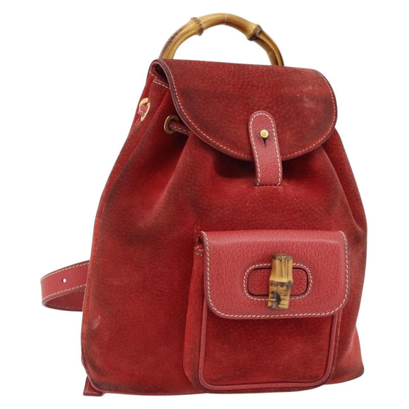 GUCCI Bamboo Backpack Suede Red Gold 003 2058 0030 Auth 181155