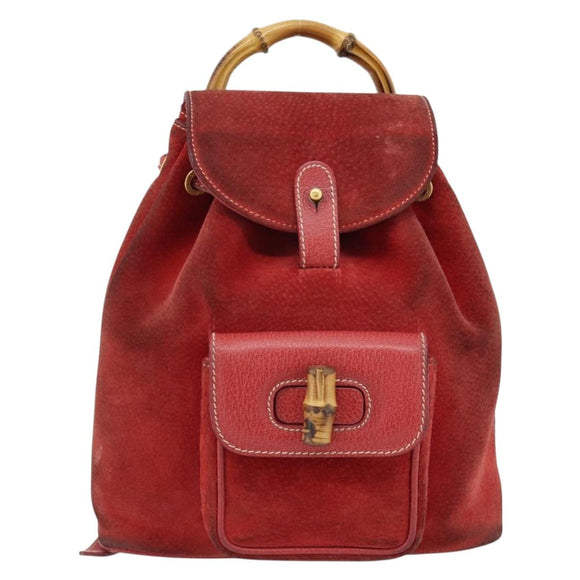 GUCCI Bamboo Backpack Suede Red Gold 003 2058 0030 Auth 181155