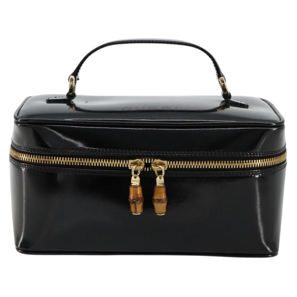 GUCCI Bamboo Vanity Hand Bag Patent leather Black Gold Auth 181163