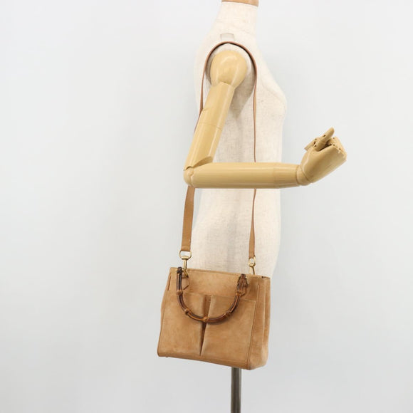 GUCCI Bamboo Hand Bag Suede 2way Beige Gold 000 1364 0316 Auth 181173