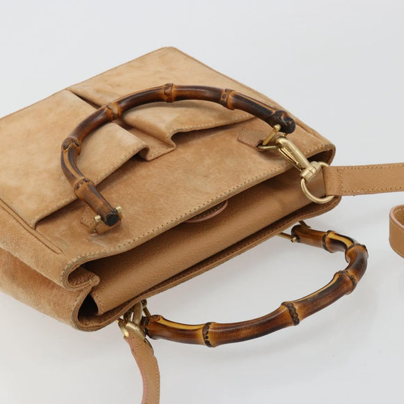 GUCCI Bamboo Hand Bag Suede 2way Beige Gold 000 1364 0316 Auth 181173