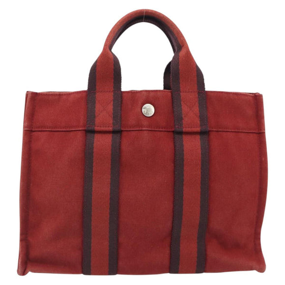 HERMES Fourre Tout PM Hand Bag Canvas Red Navy Silver Auth 181180