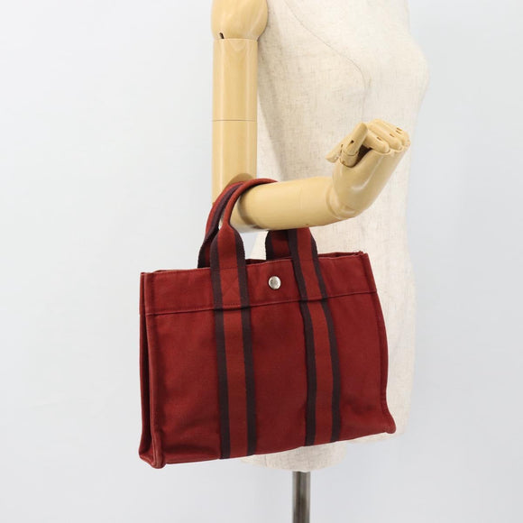 HERMES Fourre Tout PM Hand Bag Canvas Red Navy Silver Auth 181180