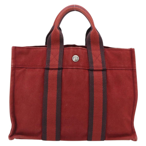 HERMES Fourre Tout PM Hand Bag Canvas Red Navy Silver Auth 181180