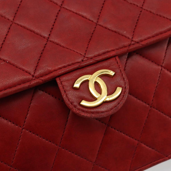 CHANEL Matelasse Chain Shoulder Bag Lamb Skin Red Gold CC Auth 181183