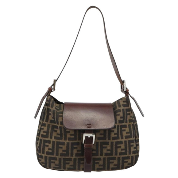 FENDI Zucca Canvas Shoulder Bag Black Brown Auth 181202A