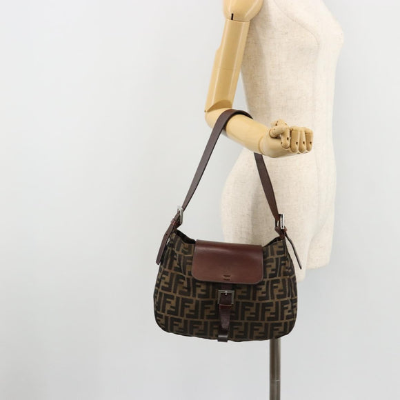FENDI Zucca Canvas Shoulder Bag Black Brown Auth 181202A