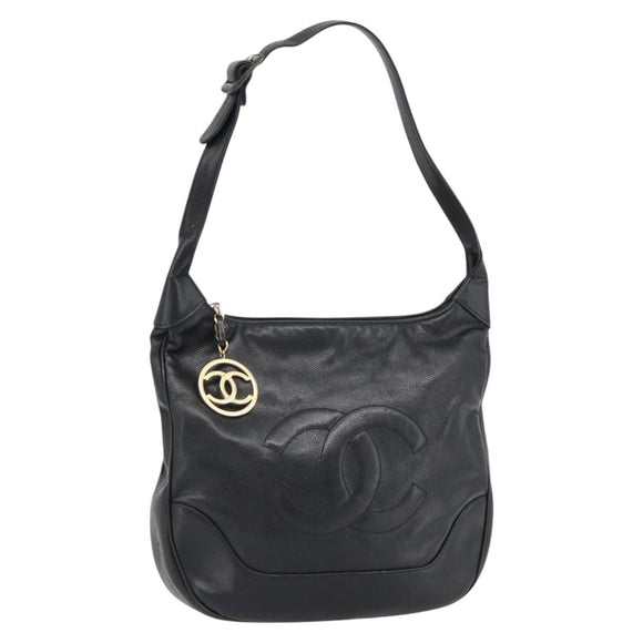 CHANEL Shoulder Bag Caviar Skin Black Gold CC Auth 181205A