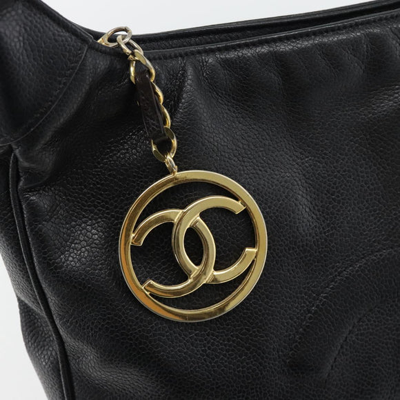 CHANEL Shoulder Bag Caviar Skin Black Gold CC Auth 181205A