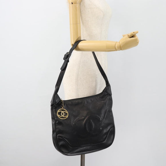 CHANEL Shoulder Bag Caviar Skin Black Gold CC Auth 181205A