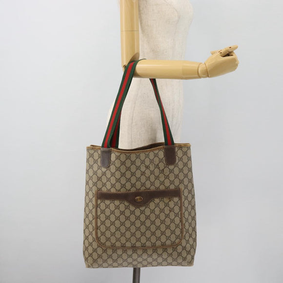 GUCCI GG Supreme Web Sherry Line Tote Bag PVC Beige Red 378 02 003 Auth 181215