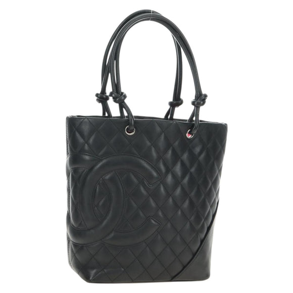 CHANEL Cambon Line Matelasse Tote Bag Leather Black Silver CC Auth 181252SAV