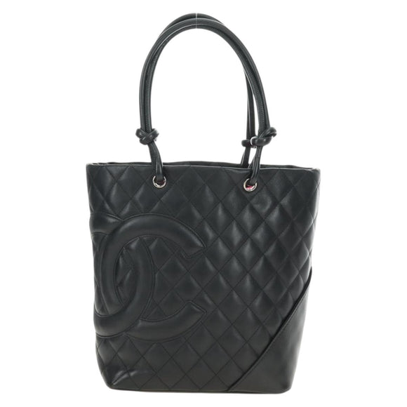 CHANEL Cambon Line Matelasse Tote Bag Leather Black Silver CC Auth 181252SAV