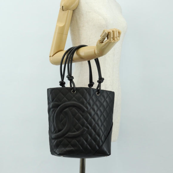 CHANEL Cambon Line Matelasse Tote Bag Leather Black Silver CC Auth 181252SAV