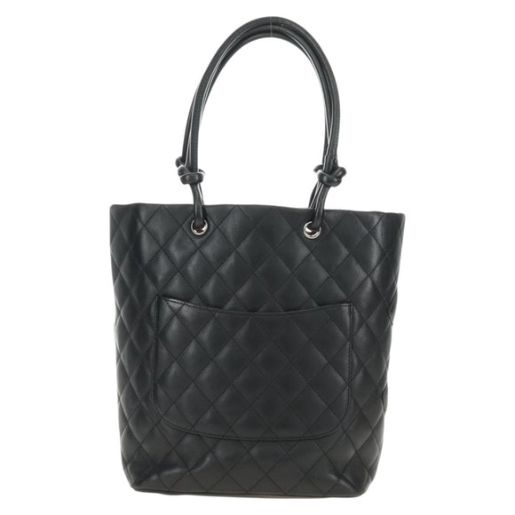 CHANEL Cambon Line Matelasse Tote Bag Leather Black Silver CC Auth 181252SAV