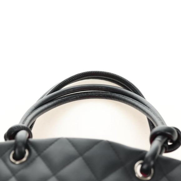 CHANEL Cambon Line Matelasse Tote Bag Leather Black Silver CC Auth 181252SAV