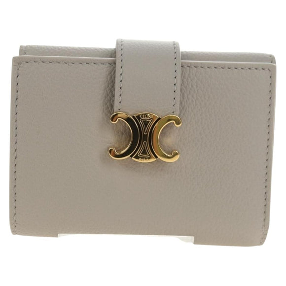 CELINE Triomphe Wallet Leather Beige Gold Auth 181278M
