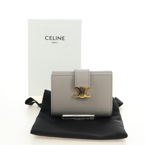 CELINE Triomphe Wallet Leather Beige Gold Auth 181278M