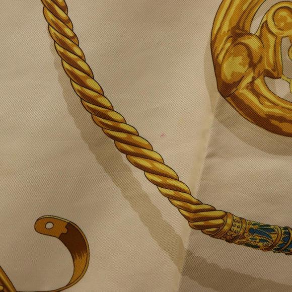 HERMES Carre 90 Scarf ""LES CAVALIERS D'OR"" Silk White Auth 181286