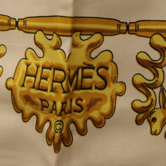 HERMES Carre 90 Scarf ""LES CAVALIERS D'OR"" Silk White Auth 181286