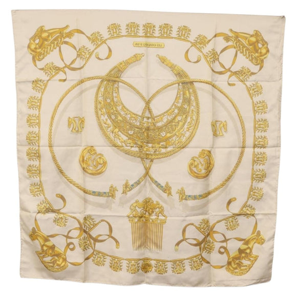 HERMES Carre 90 Scarf ""LES CAVALIERS D'OR"" Silk White Auth 181286