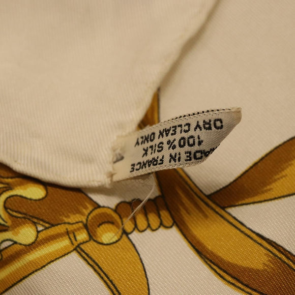 HERMES Carre 90 Scarf ""LES CAVALIERS D'OR"" Silk White Auth 181286