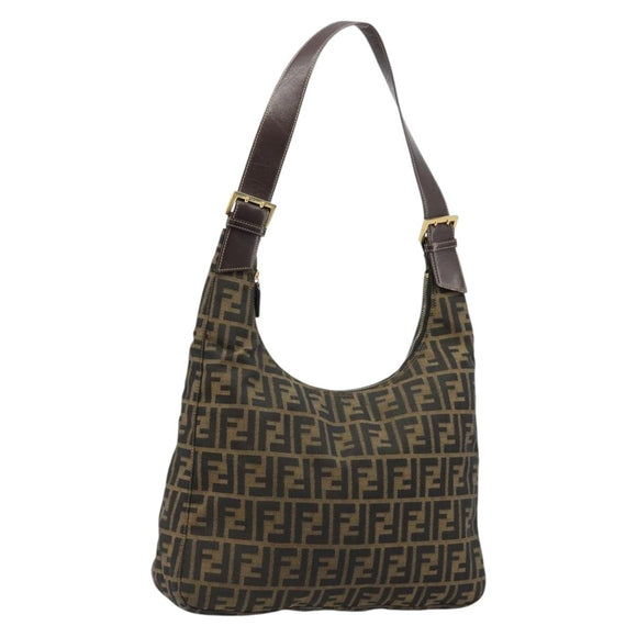 FENDI Zucca Canvas Shoulder Bag Black Brown Auth 181306A