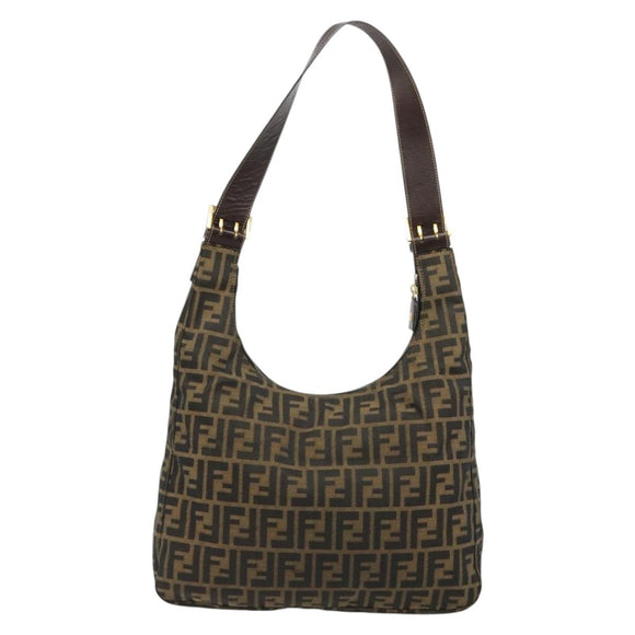 FENDI Zucca Canvas Shoulder Bag Black Brown Auth 181306A