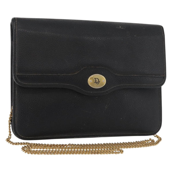 Christian Dior Ketten-Schultertasche Leder Schwarz Gold Auth 181317