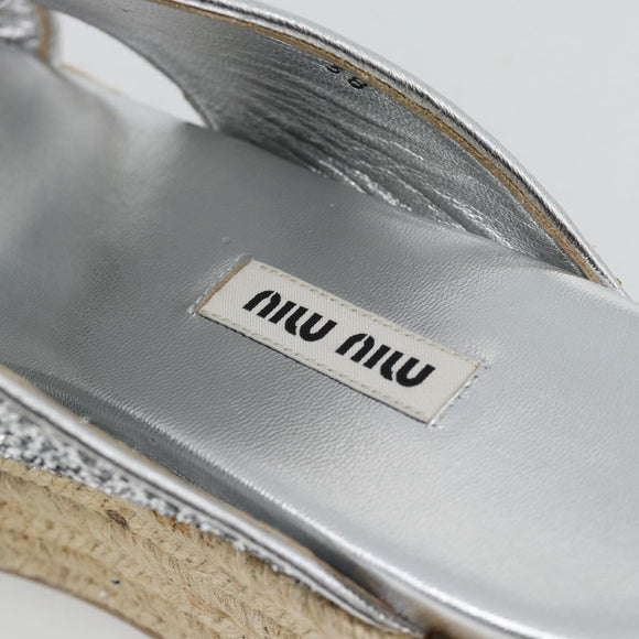 Miu Miu Glitter Sandals Raffia Silver Auth 181327A