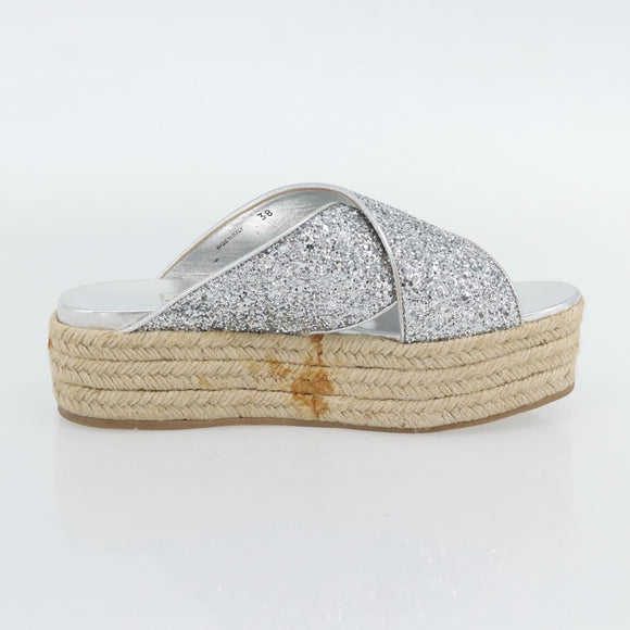 Miu Miu Glitter Sandals Raffia Silver Auth 181327A