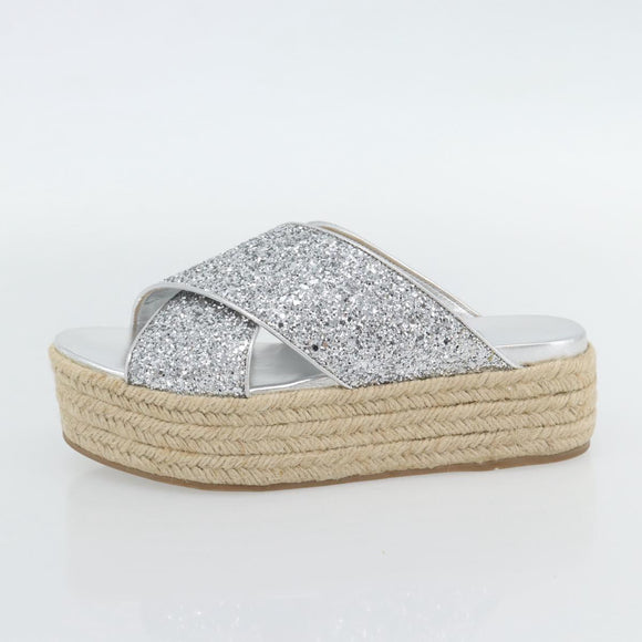 Miu Miu Glitter Sandals Raffia Silver Auth 181327A