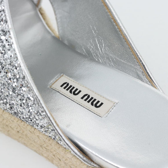 Miu Miu Glitter Sandals Raffia Silver Auth 181327A