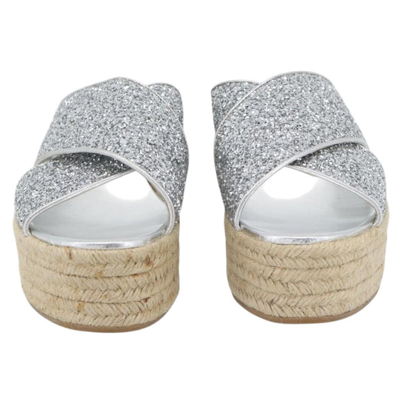 Miu Miu Glitter Sandals Raffia Silver Auth 181327A