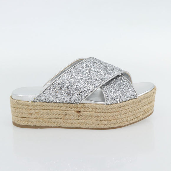 Miu Miu Glitter Sandals Raffia Silver Auth 181327A