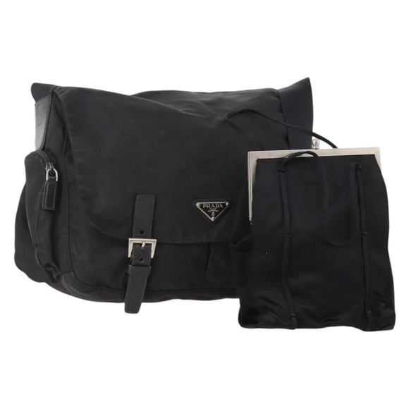PRADA Shoulder Bag Nylon Suede 2 Set Black Silver Auth 181335