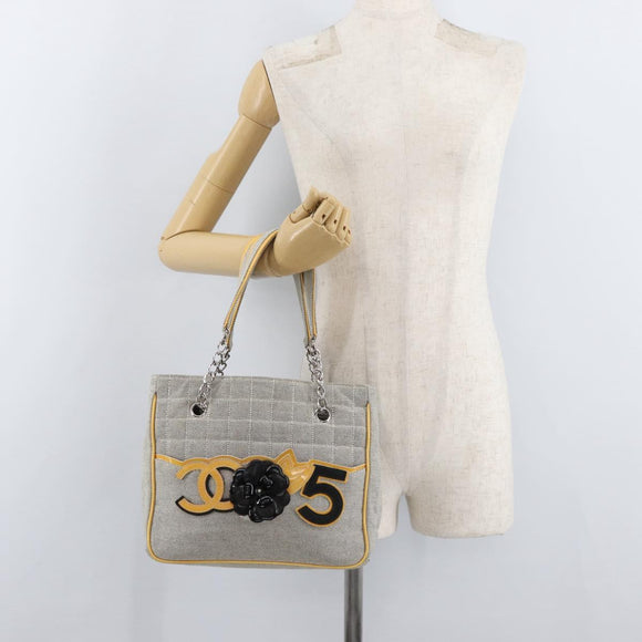 CHANEL Choco Bar Chain Shoulder Bag Canvas Gray Silver CC Auth 181350A