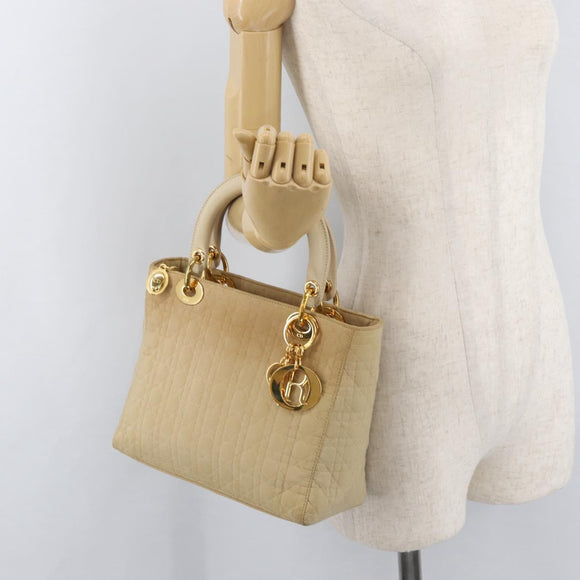 Christian Dior Canage Lady Dior Hand Bag Nylon Beige Gold Auth 181360