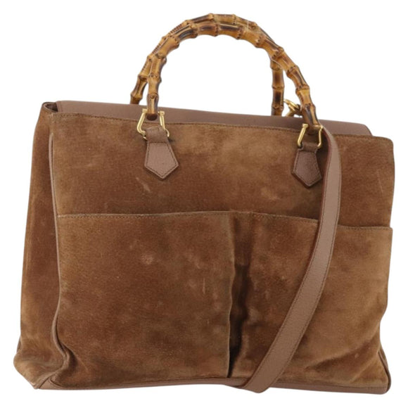 GUCCI Bamboo Hand Bag Suede 2way Brown Gold 002 123 0322 Auth 181361