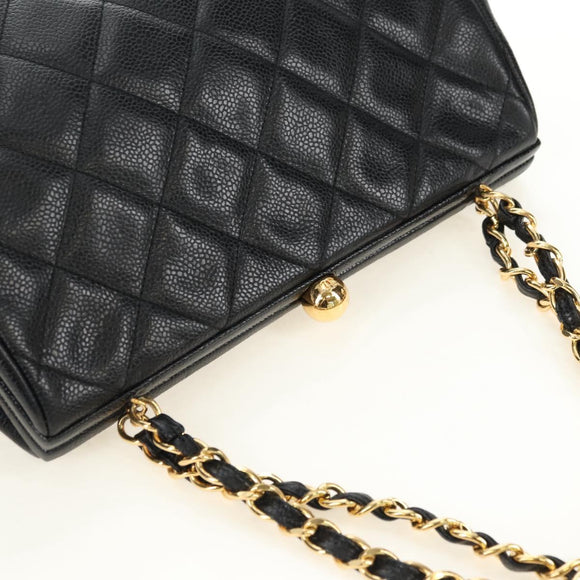 CHANEL Chain Matelasse Shoulder Bag Caviar Skin Black Gold CC Auth 181368SAM
