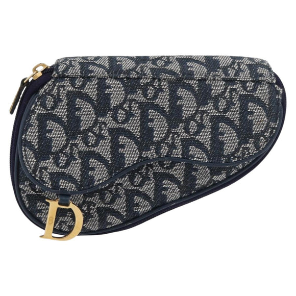 Christian Dior Trotter Canvas Satteltasche Navy Gold Auth 181372A