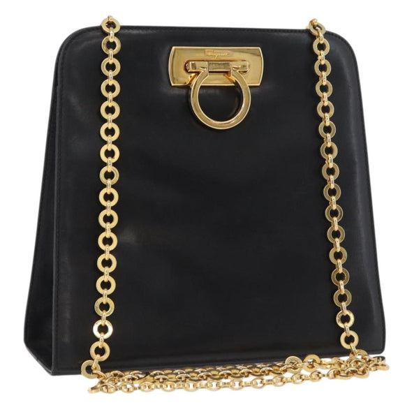 Salvatore Ferragamo Gancini Shoulder Bag Leather Black Gold Auth 181384