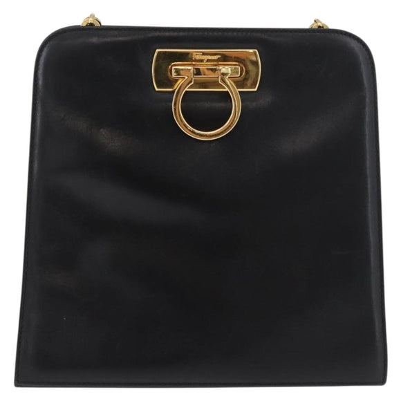 Salvatore Ferragamo Gancini Shoulder Bag Leather Black Gold Auth 181384